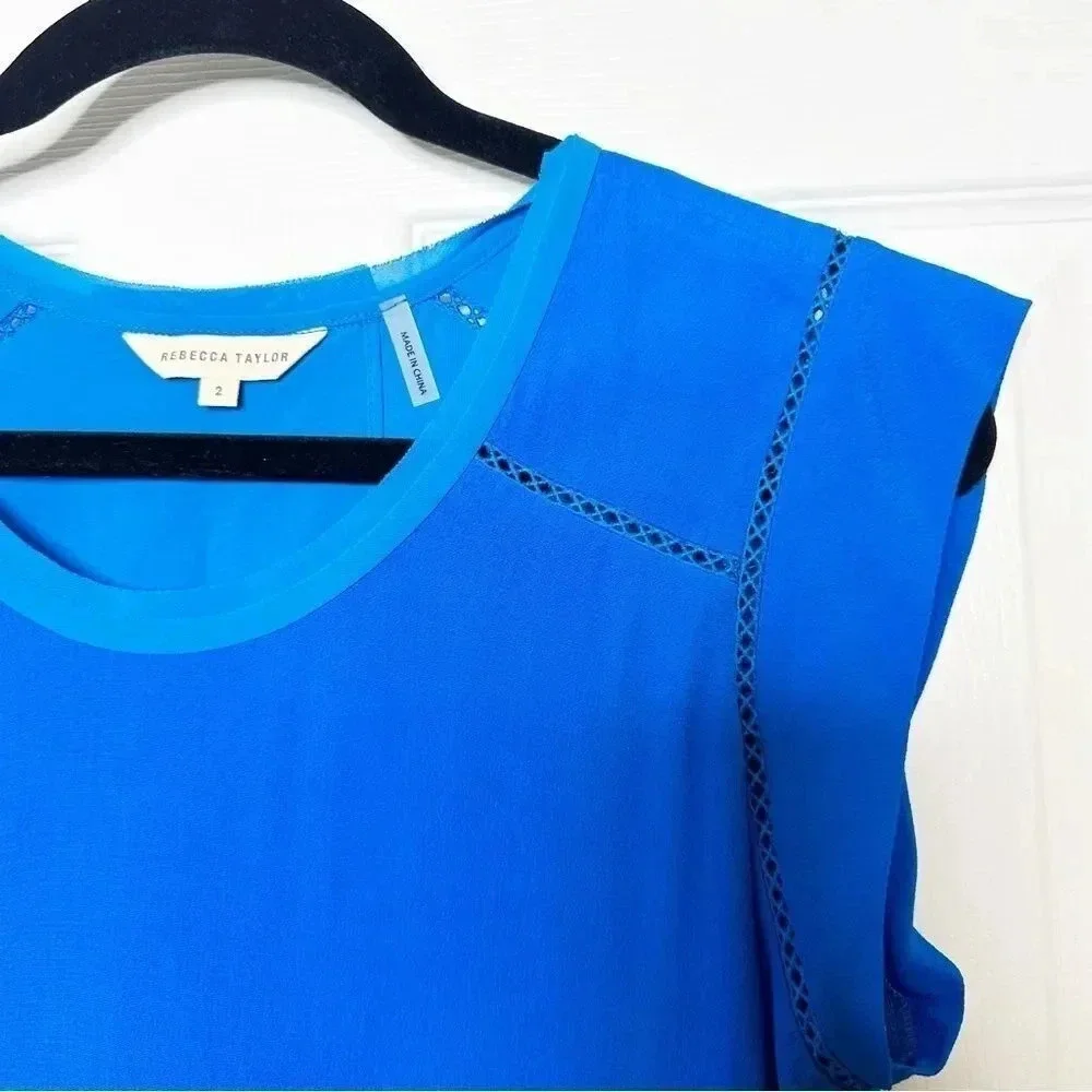 REBECCA TAYLOR Split Back Short Sleeve‎ Crepe Top Size 2 Blue Flowy